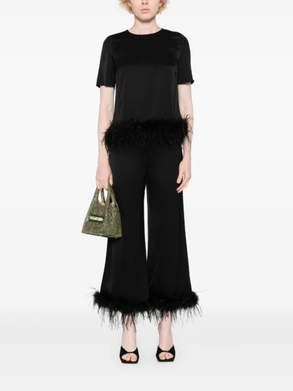 New! GIGII’S Visby Satin Marabou Feather Trim Wide Leg Trousers 🖤 Small NWT! - Picture 4 of 12